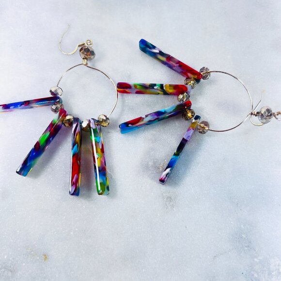 Retro Colorful Acrylic 3" Dangle Hoop Earrings Bars Beads Boho Gypsy Vtg style - Picture 1 of 7